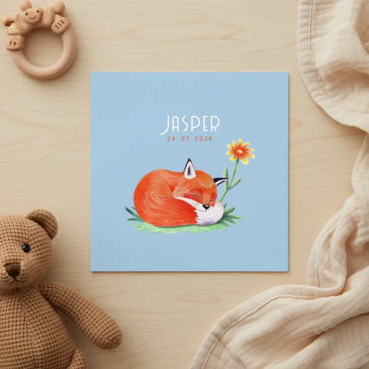 Geboortekaartje met lief slapend vosje voor een jongen