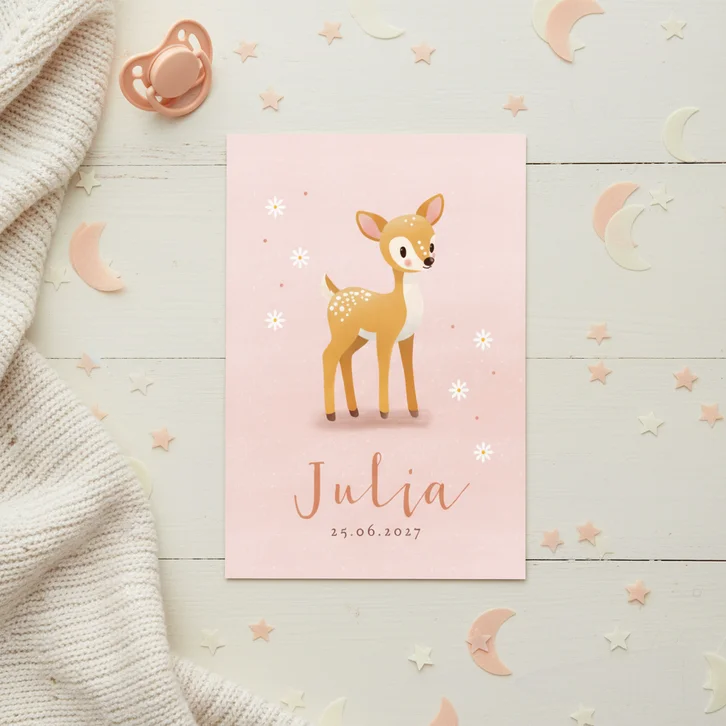 Geboortekaartje met lief staand hertje met madeliefjes