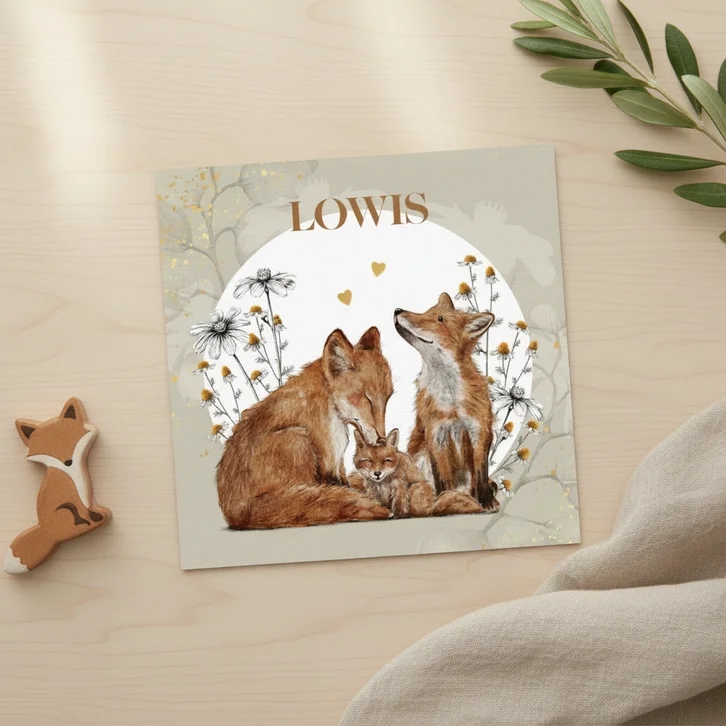 Geboortekaartje met liefdevolle vosjes tussen de bloemen