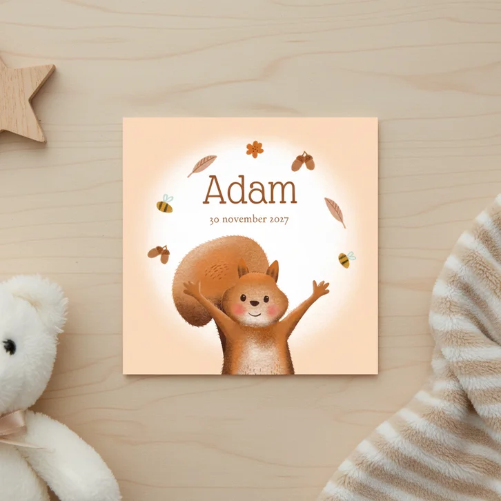Geboortekaartje met lieve eekhoorn die jongleert
