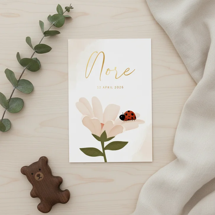 Geboortekaartje met lieveheersbeestje op bloem