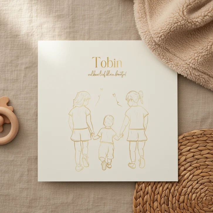 Geboortekaartje met lijntekening broertje met zussen goud
