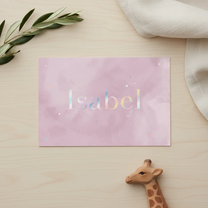 Geboortekaartje met lila waterverf en holo bloempjes