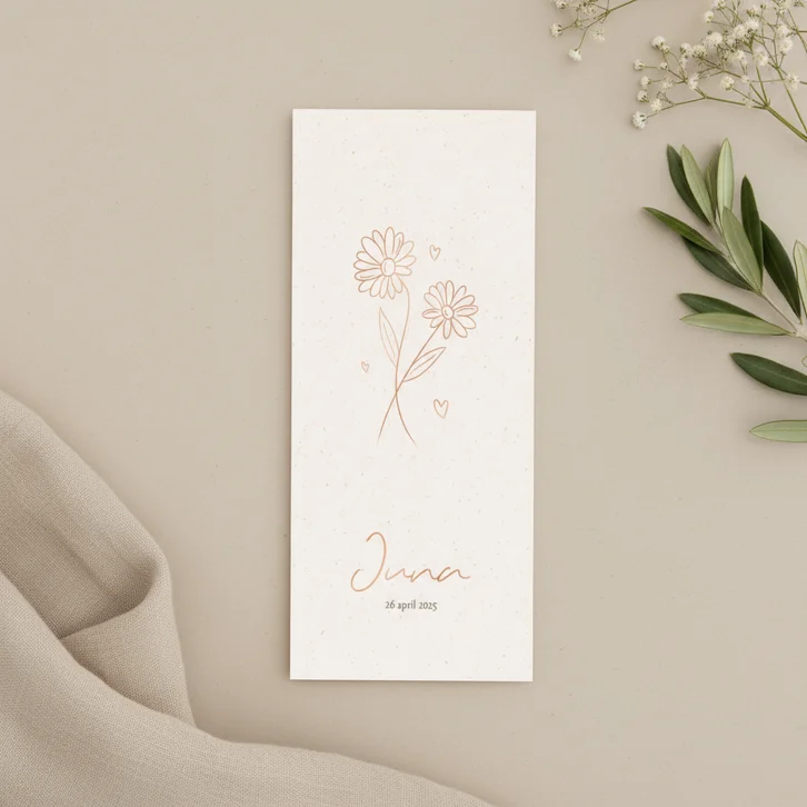 Geboortekaartje met madeliefje geboortebloem april koper