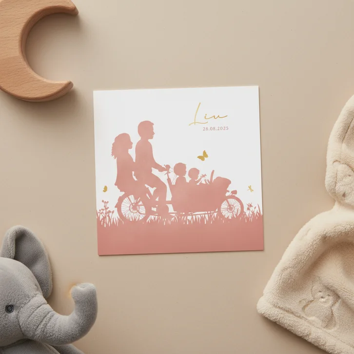 Geboortekaartje met silhouet bakfiets met 2 broers en zusje
