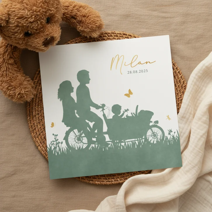 Geboortekaartje met silhouet van bakfiets met 2 broertjes