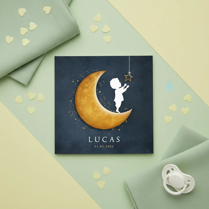 Geboortekaartje met silhouet van een jongen op gouden maan