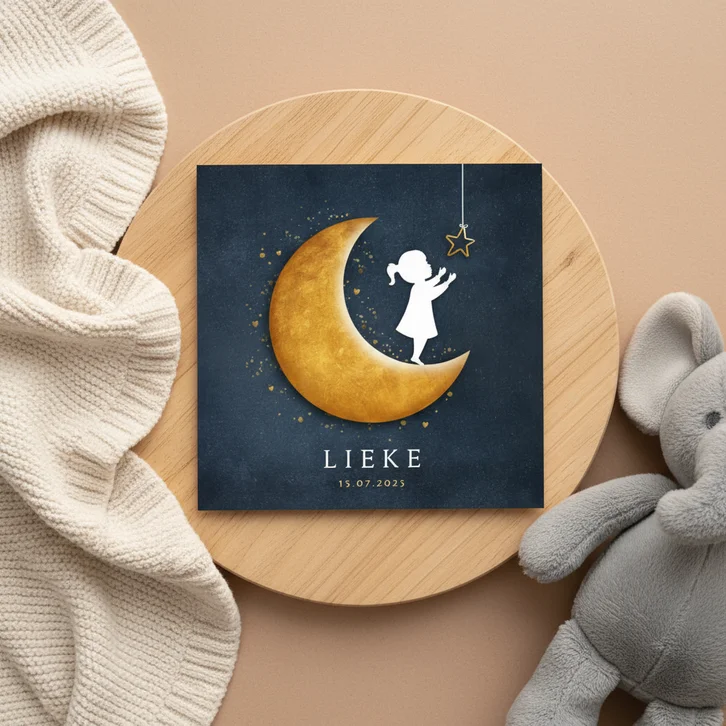 Geboortekaartje met silhouet van een meisje op gouden maan