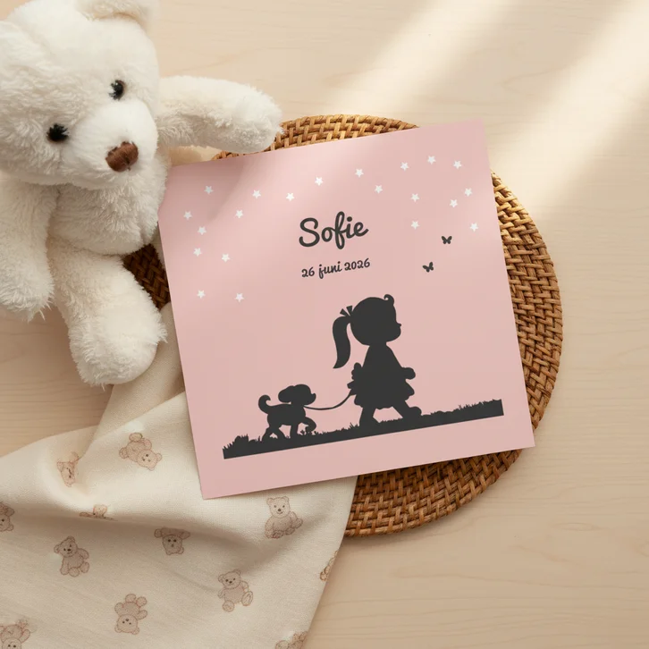 Geboortekaartje met silhouet van meisje en hondje
