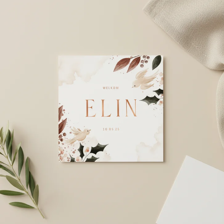Geboortekaartje met takjes en duiven