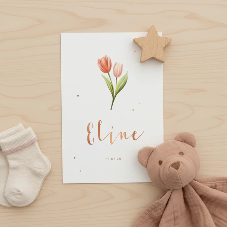 Geboortekaartje met tulpen en koperen hartjes