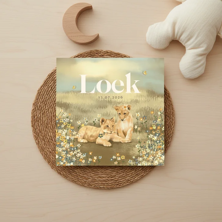 Geboortekaartje met twee leeuwtjes voor komst van broertje