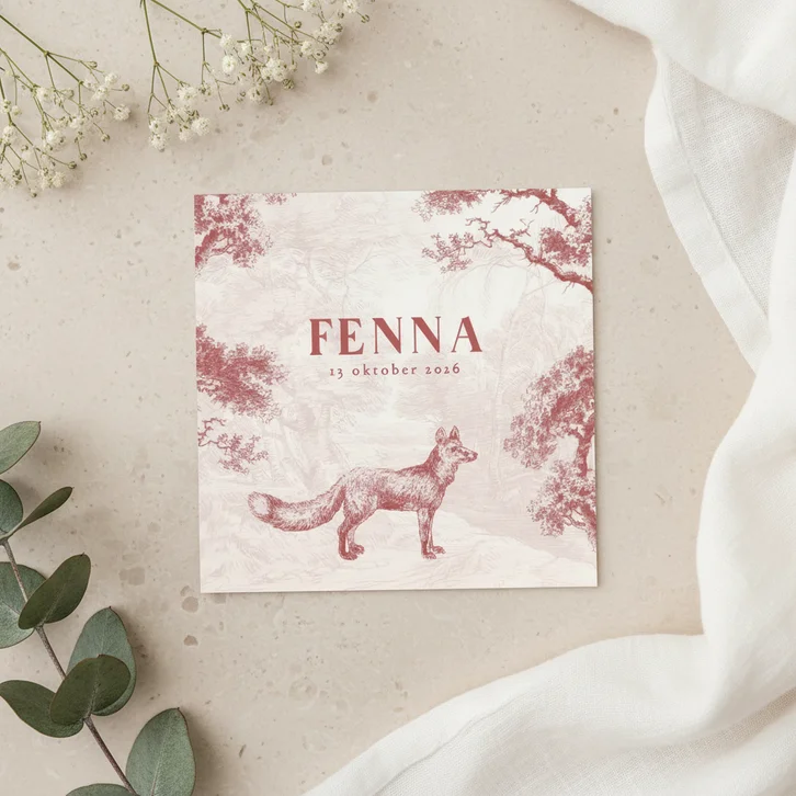 Geboortekaartje met vintage illustratie van vosje in het bos