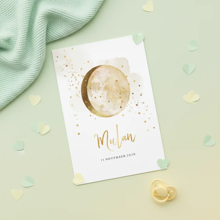 Geboortekaartje met watercolour, maan en sterretjes in goud