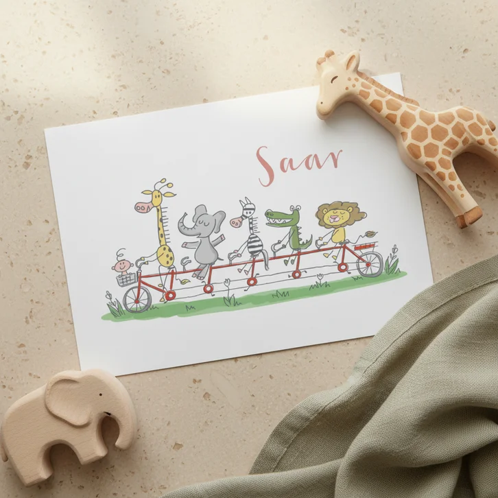 Geboortekaartje met wilde dieren en baby op een tandem