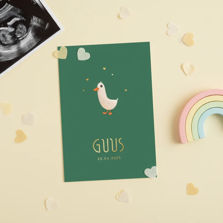 Geboortekaartje minimalistisch dieren gans hartjes goud