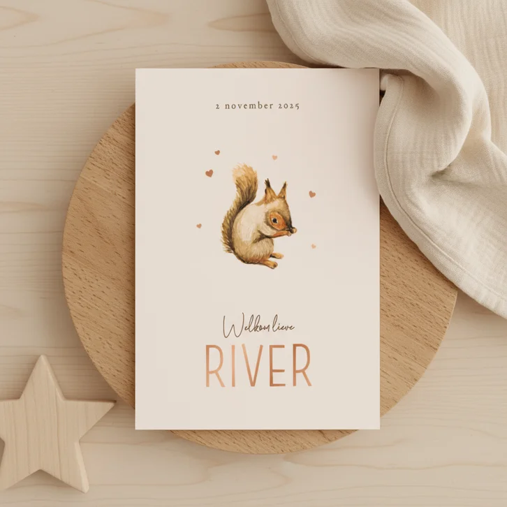 Geboortekaartje minimalistisch eekhoorn herfst hartjes koper