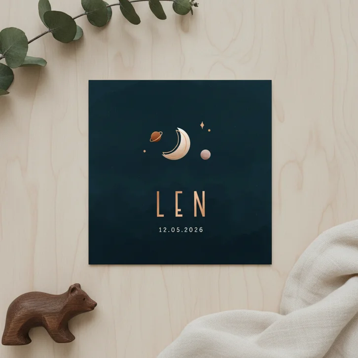 Geboortekaartje minimalistisch maan en planeten koperfolie