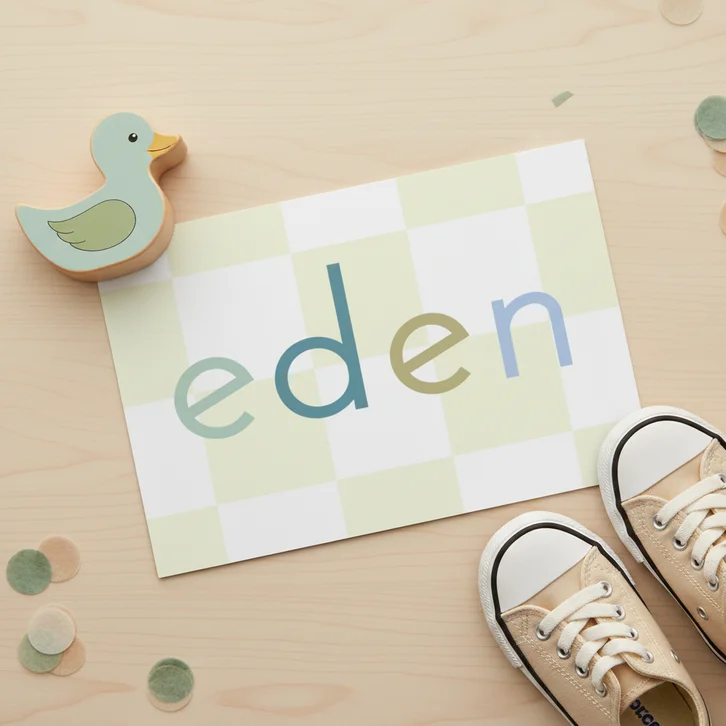 Geboortekaartje naam in gekleurde letters en groene blokjes 