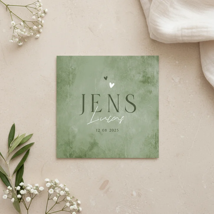 Geboortekaartje natuurlijk stijlvol jongen groen hartjes