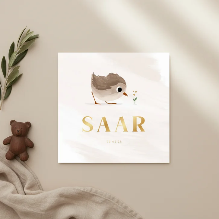 Geboortekaartje neutraal met lief vogeltje en foliedruk