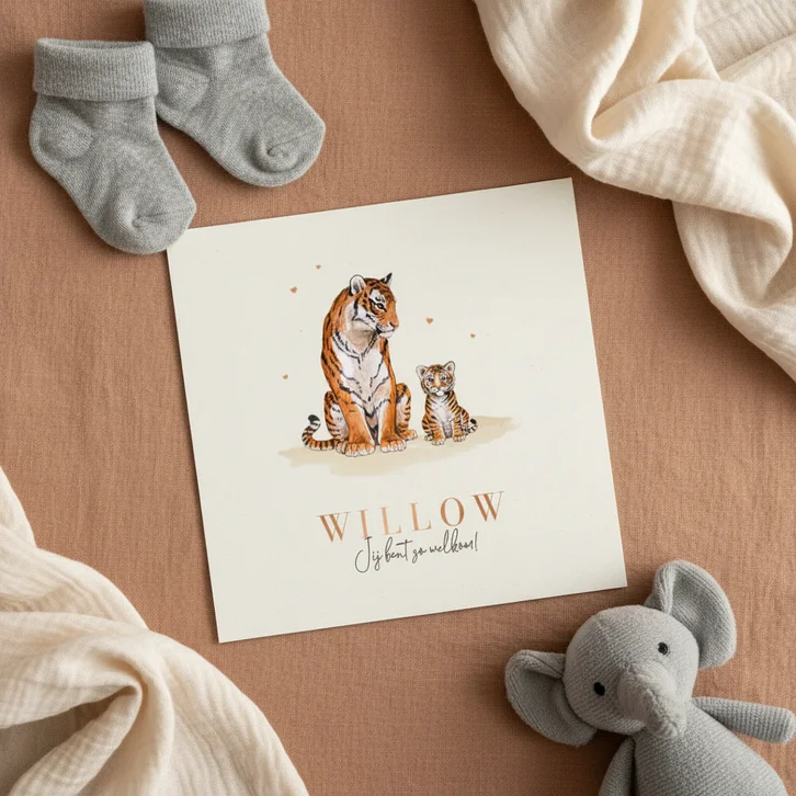 Geboortekaartje neutraal tijgers schattig hartjes koper