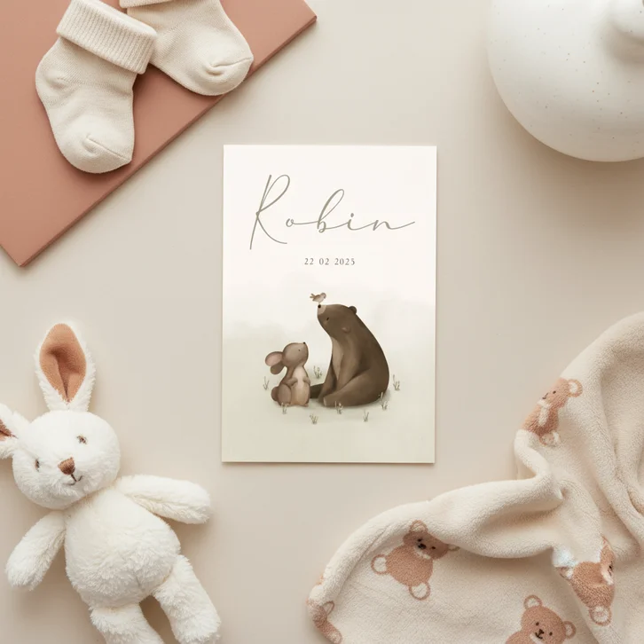 Geboortekaartje neutrale waterverf met lieve bosdiertjes