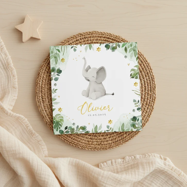 Geboortekaartje olifant jungle bloemen waterverf hartjes