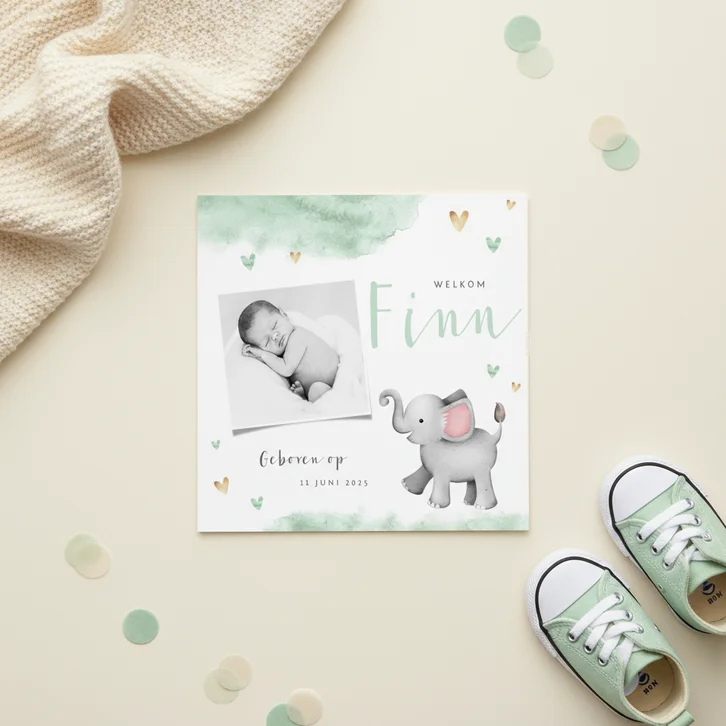 Geboortekaartje olifant mint waterverf hartjes foto