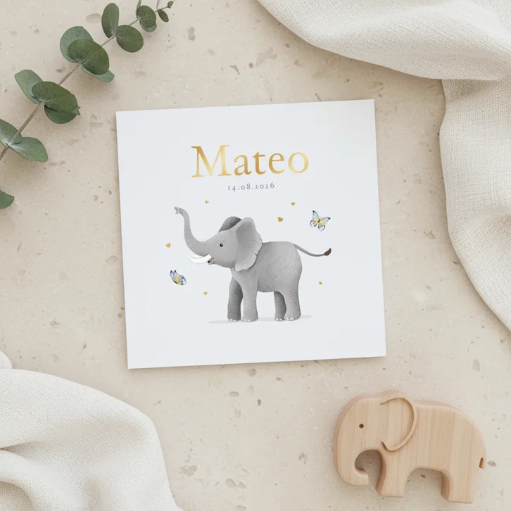 Geboortekaartje olifant vlinders hartjes goud illustratie