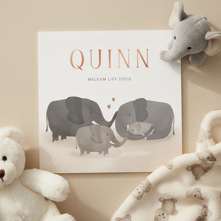 Geboortekaartje olifantenfamilie met kindjes 