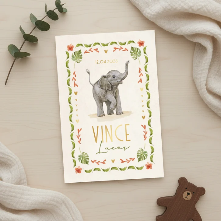 Geboortekaartje olifantje jungle kleurrijk vrolijk kader