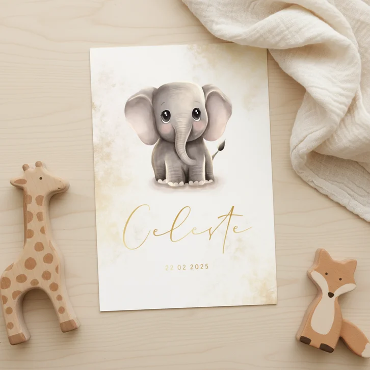 Geboortekaartje olifantje met gouden accenten stijlvol