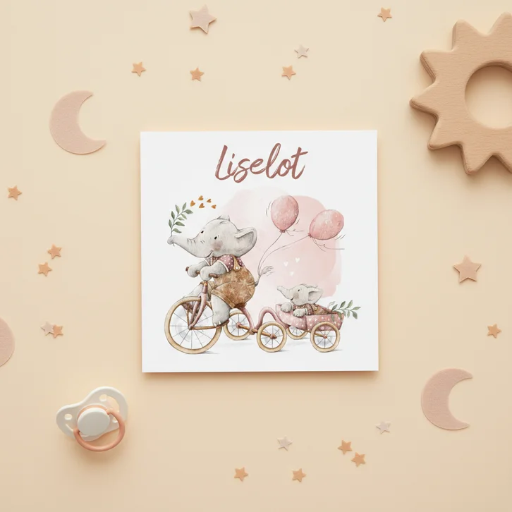 Geboortekaartje olifantjes op de fiets zusje