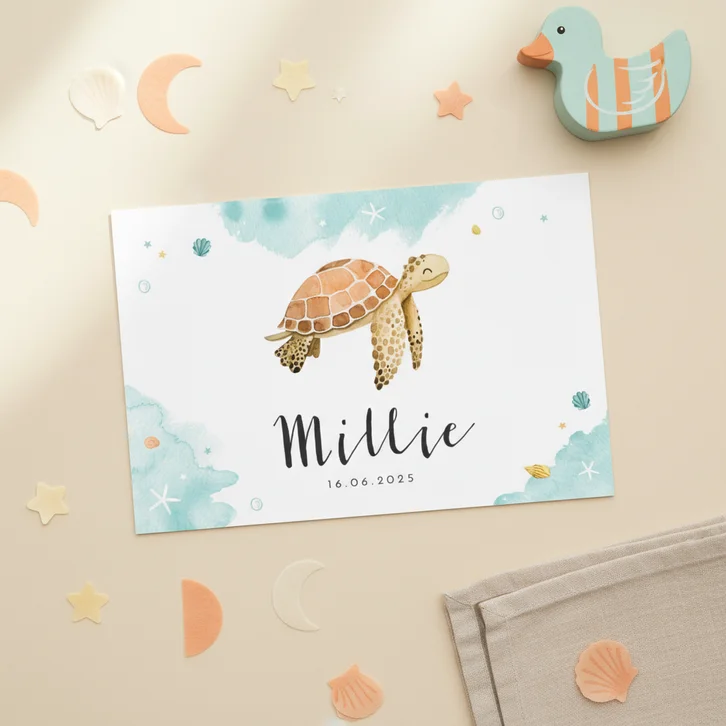 Geboortekaartje onderwater schelpjes dieren schildpad lief