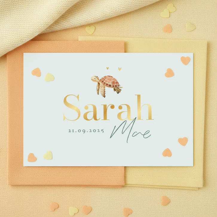 Geboortekaartje onderwater schildpad strand zee goud