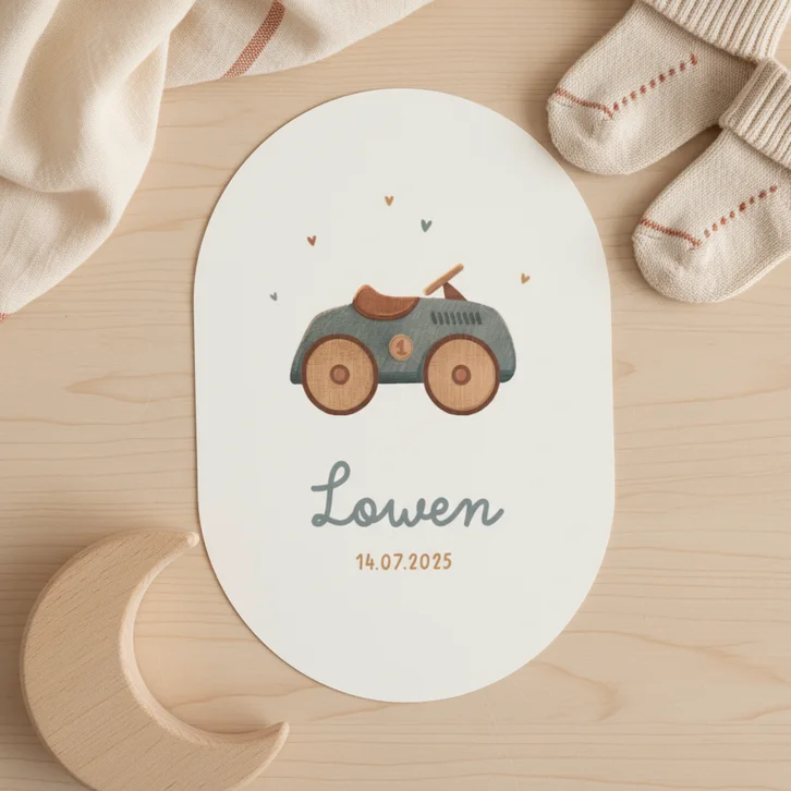 Geboortekaartje ovaal auto vintage retro speelgoed hout hip