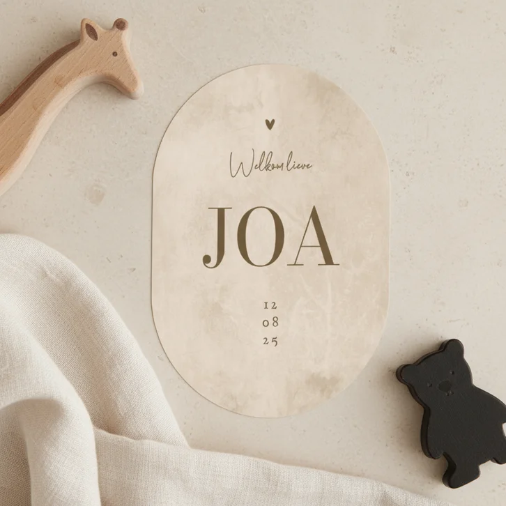 Geboortekaartje ovaal beige betonlook stijlvol unisex