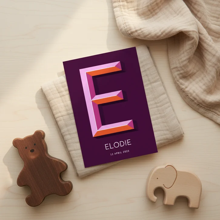 Geboortekaartje paars met gekleurde 3d letter E 