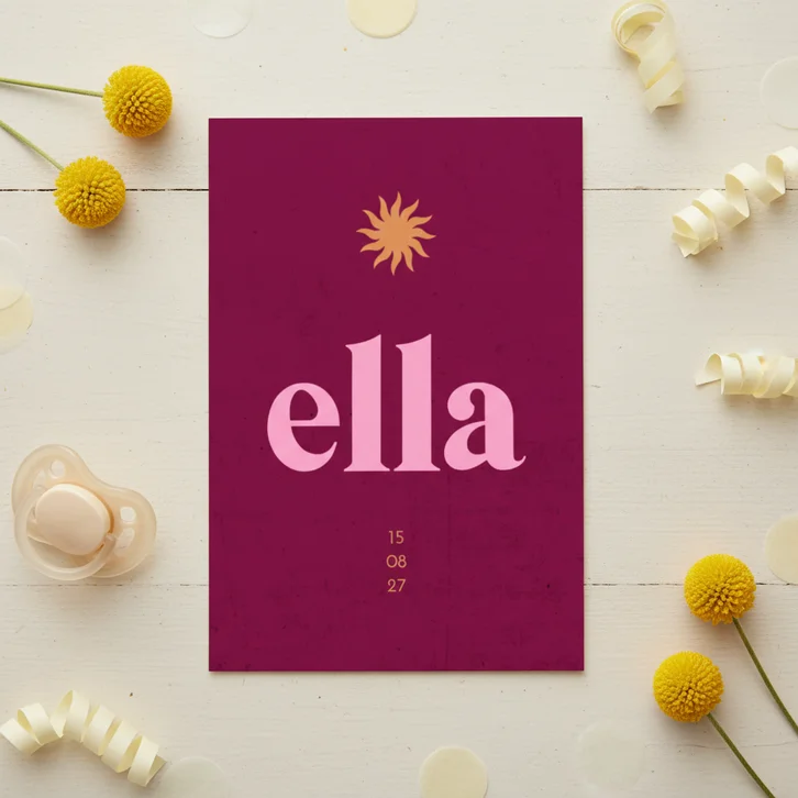 Geboortekaartje paars roze betonlook met oranje zonnetje