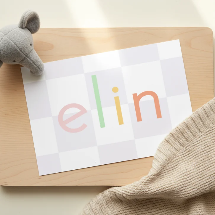 Geboortekaartje paarse blokjes met gekleurde naam