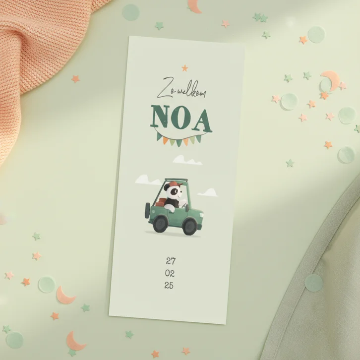 Geboortekaartje panda auto wolken sterren vlaggetjes
