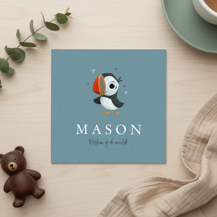 Geboortekaartje papegaaiduiker dieren hartjes jongen