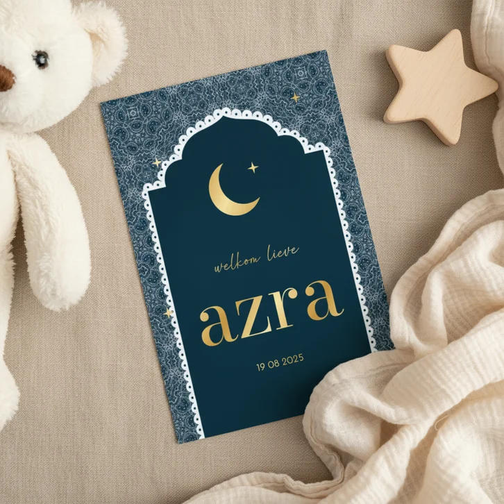 Geboortekaartje patroon en kader met maan donkerblauw