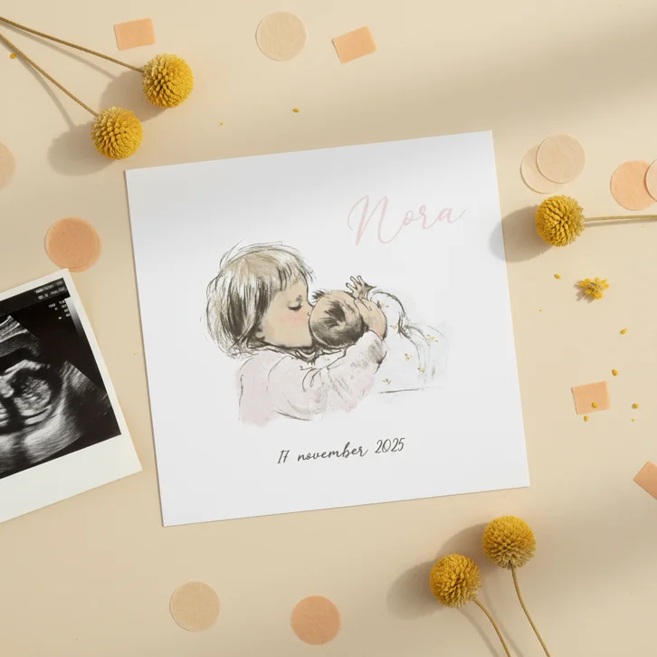 Geboortekaartje pentekening baby met grote zus in kleur