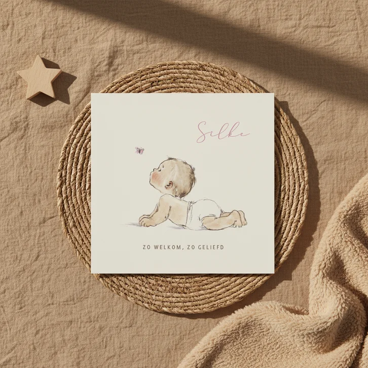 Geboortekaartje pentekening baby roze vlinder