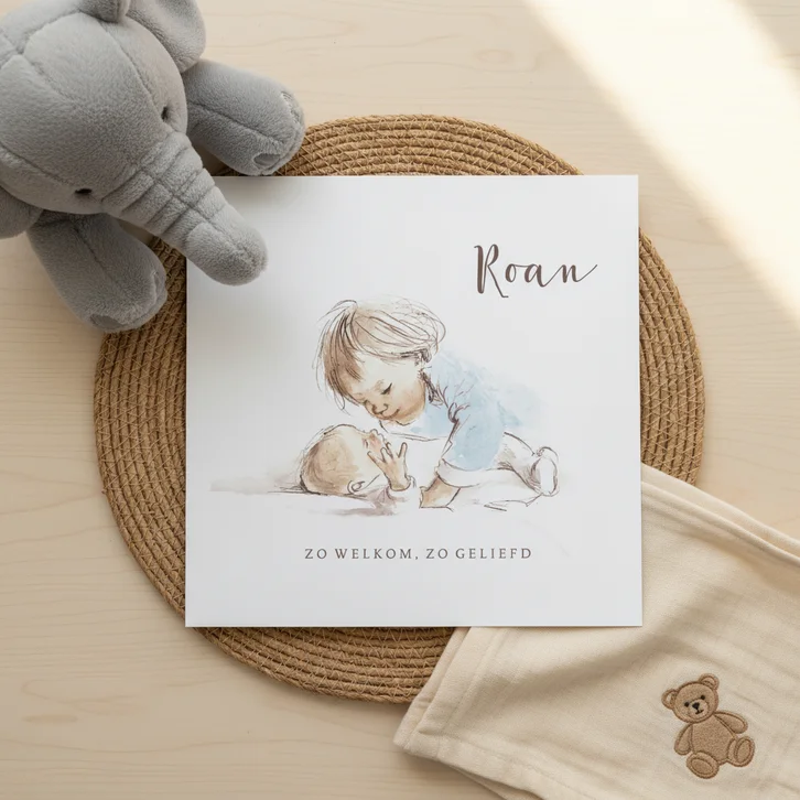 Geboortekaartje - Pentekening kleur grote broer met baby
