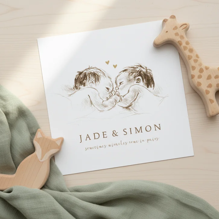 Geboortekaartje - pentekening tweeling baby's in bruindruk