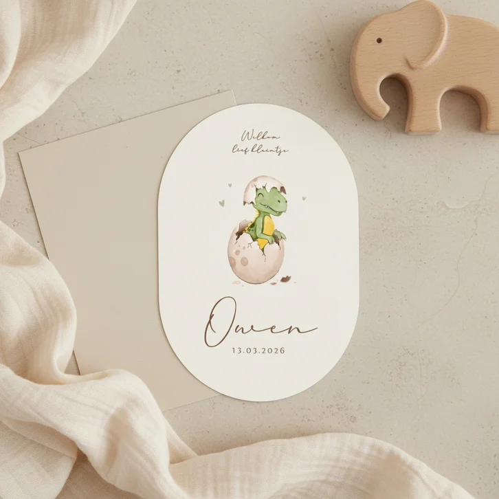 Geboortekaartje pilvorm baby dino t-rex ei schattig