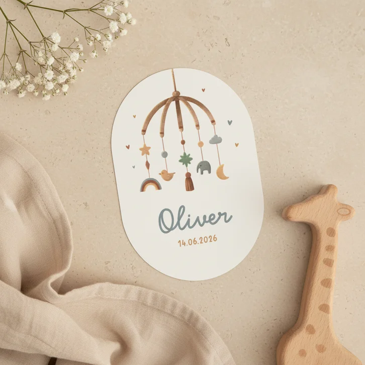 Geboortekaartje pilvorm vintage mobiel dieren regenboog